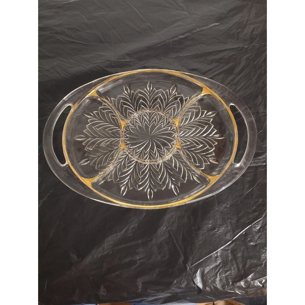 Unmarked Pressed Glass Oval Serving Tray w/ Handles, Clear Gold Trim Floral